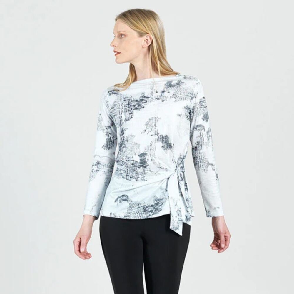 Clara Sun Woo Foil Knit Side Tie Waist Top Abstract Marble